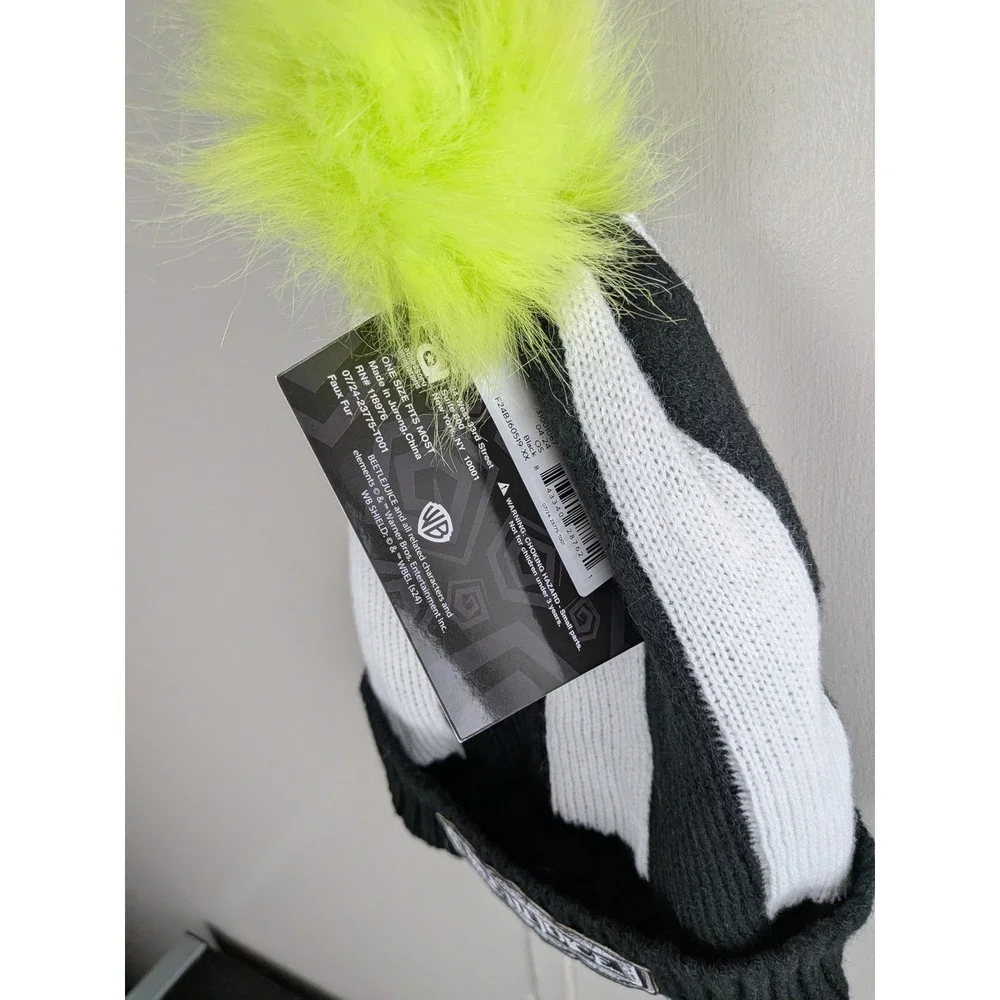 Beetlejuice Striped Knit Beanie Hat with Neon Green Pom Pom Kids One Size NWT